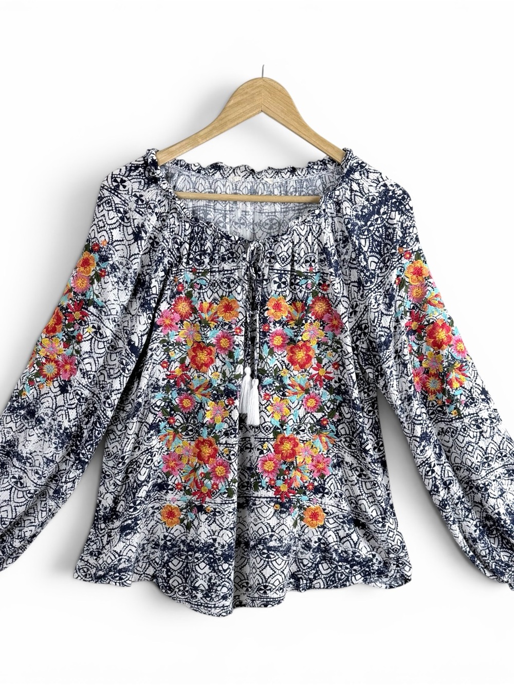 savanna jane embroidered top floral blouse medium bold bright boho peasant fun